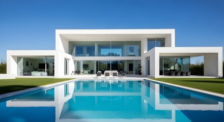 Fototapeta premium Stunning modern white villa with sparkling pool and lush green lawn on a clear blue day