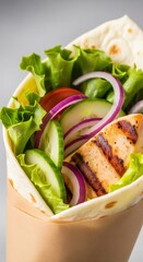Healthy grilled chicken breast with a fresh green salad of lettuce, tomatoes, and cucumbers on a white plate