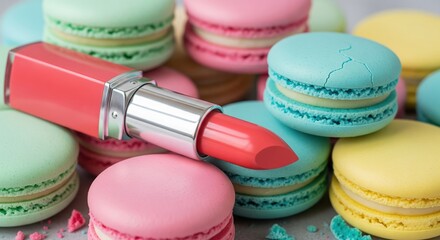 Assortment of delicious, colorful French macarons and biscuits on a wooden table