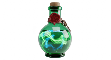 Magical glowing potion in a green glass bottle with a wax seal