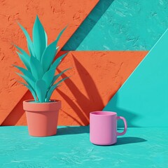 Two cups of coffee sit on a table decorated with colorful flower pots and green succulent plants