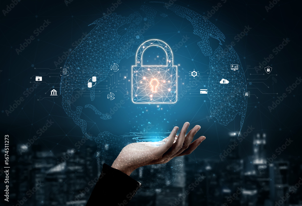 Poster cyber security safeguards data and systems. cyber security uses ai, digital security protects cloud,