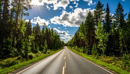 Naklejka premium Straight road through a lush forest on a sunny day
