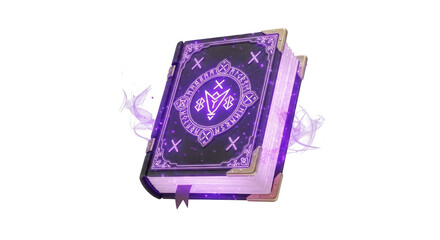 Enchanted grimoire with glowing purple runes and mystical smoke