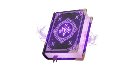 Enchanted grimoire with glowing purple runes and mystical smoke