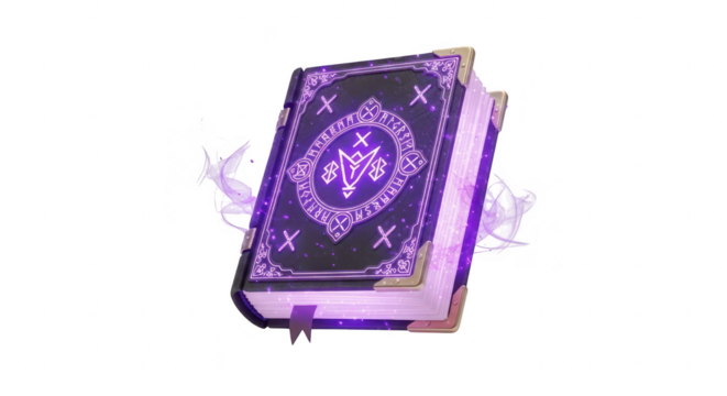 Enchanted grimoire with glowing purple runes and mystical smoke