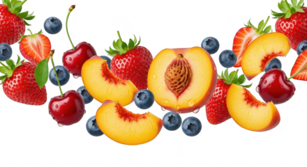 Fresh strawberries, peaches, blueberries, and cherries isolated on transparent background