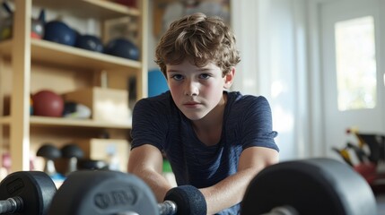 Focused boy exercising with dumbbells in home gym.