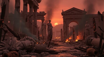 Ancient Roman Ruins in Ruined Cityscape with Fire and Sunset