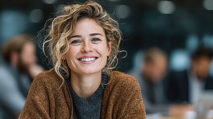 Portrait of smiling woman with blonde curly hair in modern office meeting with people in background