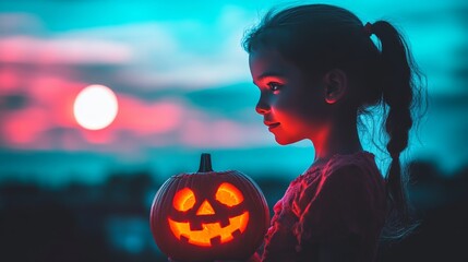 A nostalgic and emotional Halloween scene of a child’s silhouette holding a glowing pumpkin