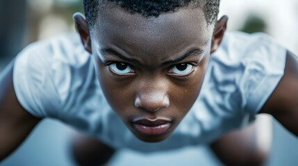 Close-up portrait of a determined young African American athlete in a low position, showing intense focus and concentration.