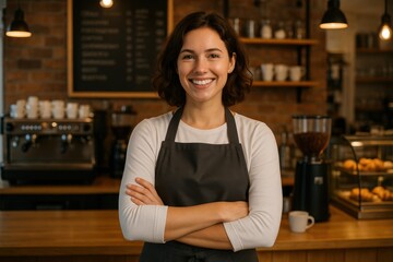 Professional cafe manager with confident stance representing successful small business hospitality entrepreneur