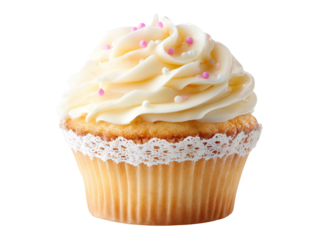 Delicious vanilla cupcake with buttercream frosting and lace, Isolated On Transparent Background