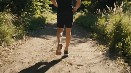 Rear view of an athletic man trail running on a dirt path through a sunny forest, embodying a healthy lifestyle and outdoor endurance fitness