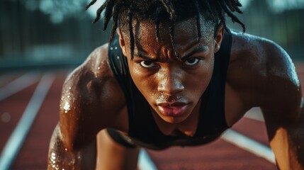 Determined athlete in starting position on running track, sweat dripping, intense focus.