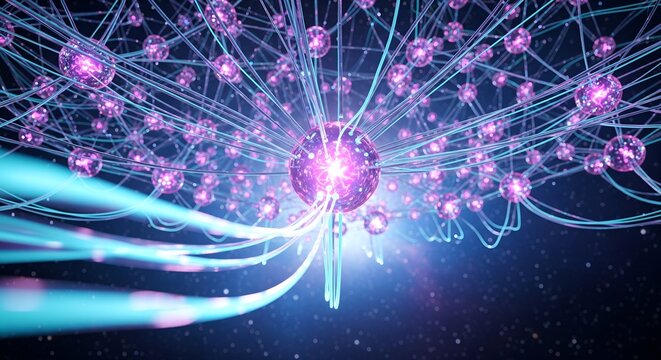 Futuristic 3D Bioluminescent Neural Network: Ethereal Glowing Filaments with Flowing Liquid Light on a Deep Space Gradient Background, AI and Technology Concept - Powered by Adobe