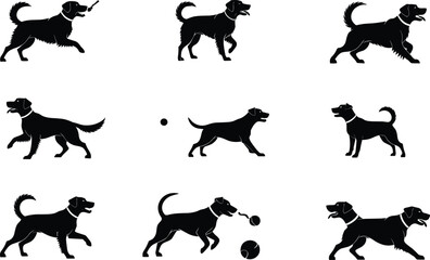 Dog silhouette vector set, walking, running, playing, jumping, lying down, stick and ball interaction, pet poses, black animal shapes, isolated icons
