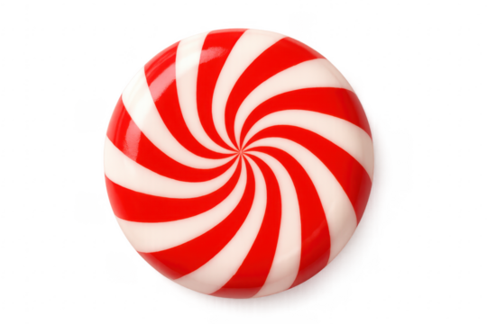Red and white swirling peppermint candy on transparent background