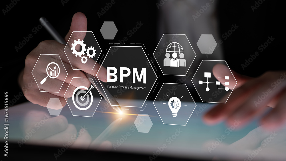 Poster business process management concept showing workflow analysis, process optimization, team collaborat