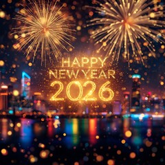 Happy New Year 2026 Golden Fireworks Celebration Banner Wallpaper
