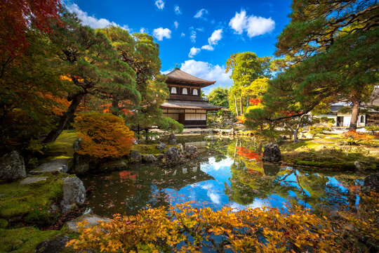 Ginkaku-ji Silver Pavilion in Kyoto with autumn colors and Zen garden reflection