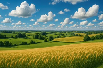 Rolling emerald hills and golden wheat fields under dramatic summer sky in European countryside