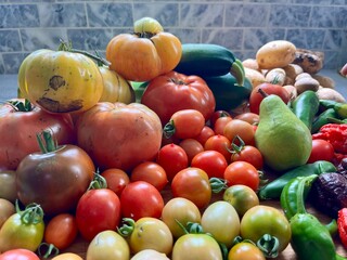 Flat lay of heirloom vegetables including hot peppers, tomatoes, and colored corn