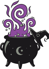 Bubbling cauldron with purple potion and a witch hat for halloween celebration