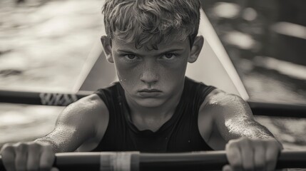 Determined young rower intensely focused during a race, monochrome image.