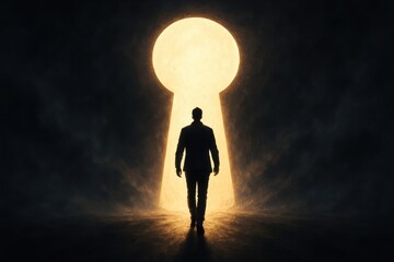 Obraz premium Silhouette figure approaching illuminated golden keyhole doorway representing breakthrough moment and unlimited possibilities ahead