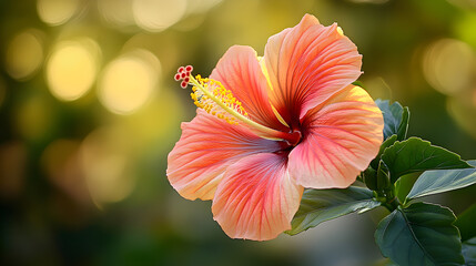 A beautiful coral pink hibiscus flower blooms in soft sunlight with a blurred green and golden bokeh background
