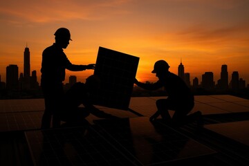 Obraz premium Silhouette of Engineers Installing Solar Panels at Sunset Renewable Energy Infrastructure Development