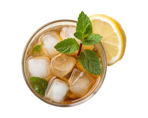 Top view of a chilled iced tea glass with ice cubes, lemon slice, and mint isolated on a transparent background png