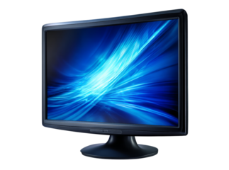 Sleek modern computer monitor displaying abstract blue light streaks, Isolated On Transparent Background
