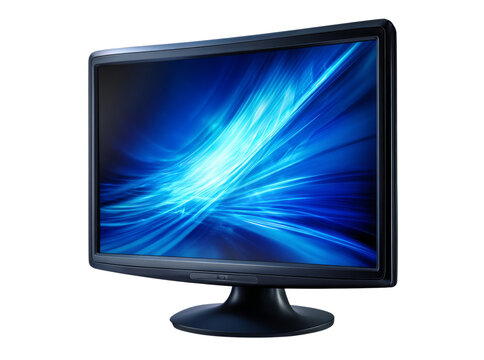 Sleek modern computer monitor displaying abstract blue light streaks, Isolated On Transparent Background