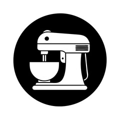 Vector art of white stand mixer icon on black circle, a kitchen appliance for baking and cooking, a simple and minimalist design