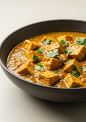 Close-up of a dark bowl filled with tofu curry, garnished with fresh cilantro leaves, set against a neutral background.