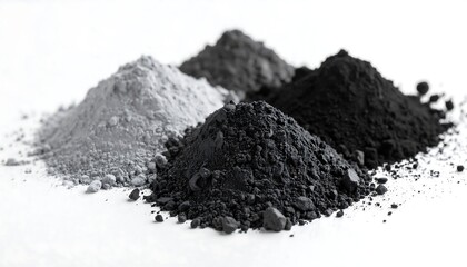 Close Up Charcoal Powder Piles On White Surface Studio Lighting