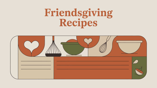 Friendsgiving recipes card with kitchen utensils and bowls in a decorative retro style design