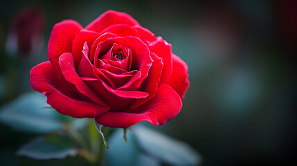 A single vibrant red rose in full bloom with soft green leaves and a blurred dark background creating a romantic and elegant atmosphere
