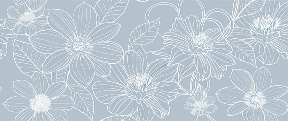 Light Blue Floral Pattern Background: White Line Art Flowers