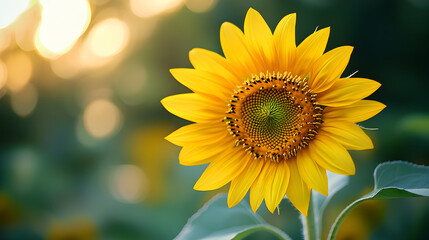 Fototapeta premium Vibrant yellow sunflower in full bloom bathed in warm golden sunlight with a soft bokeh background