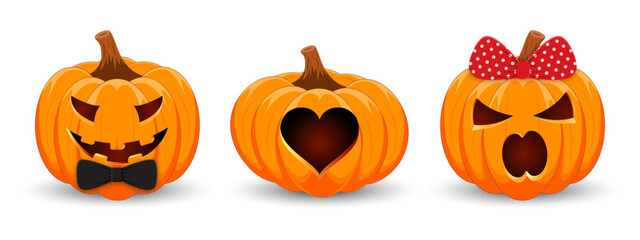 Halloween couple Pumpkins. Set of lovely couples pumpkins for Halloween. Love Pumpkins in fashionable isolated on white background. The main symbol of the holiday Happy Halloween. Vector illustration