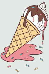 Artistic vector rendering of a melting ice cream dessert, rich in detail, color and summer emotion for kids and branding