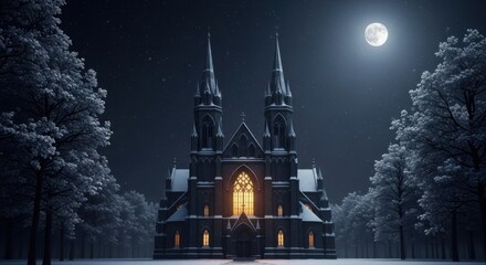 Gothic Cathedral in Snowy Forest Night Under Full Moon