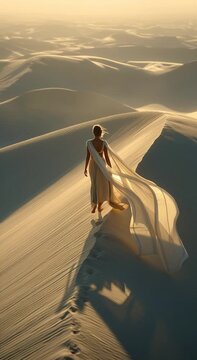 Cinematic Scene of Woman Walking Across Vast Desert Dunes