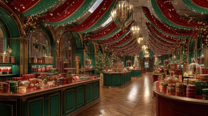 Obraz premium Christmas store interior with glowing garlands and holiday decorations