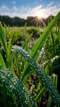 Ultra-Realistic Macro Shot of Fresh Green Grass with Morning Raindrops and Sunlight