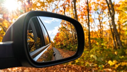 Autumn road view in car mirror